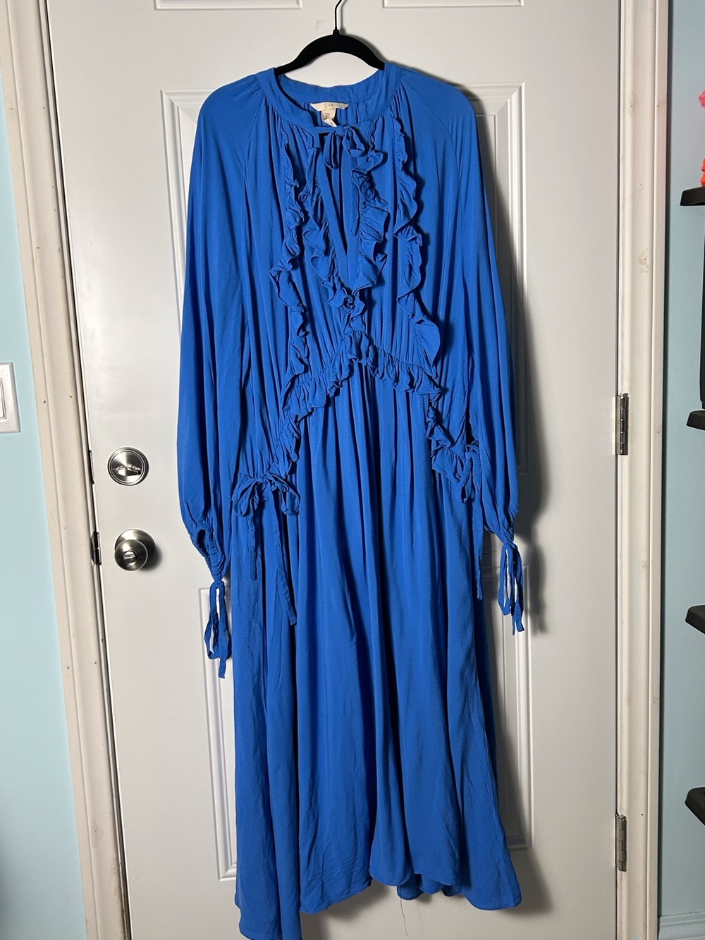 H & M Bright Blue Voluminous Frill Trimmed Dress XL Ruffles Balloon Airy Sleeves